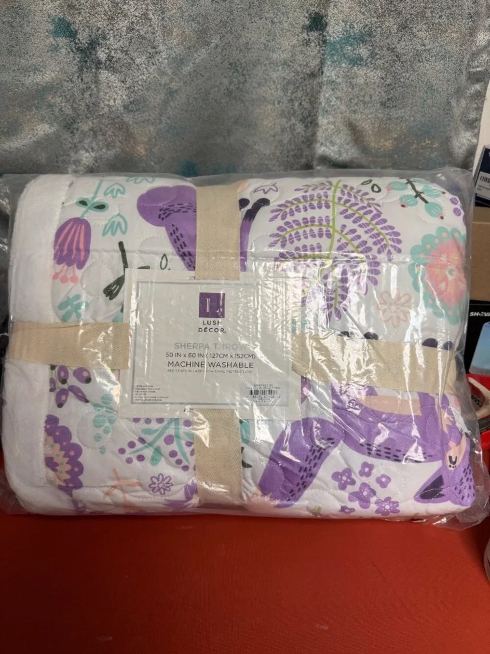 Lush Décor Sherpa Throw Blanket 50X60 Purple Pink Floral Fox Machine Washable - Picture 3 of 3
